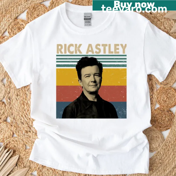 Illustrated Rick Astley t-shirt featuring iconic music elements