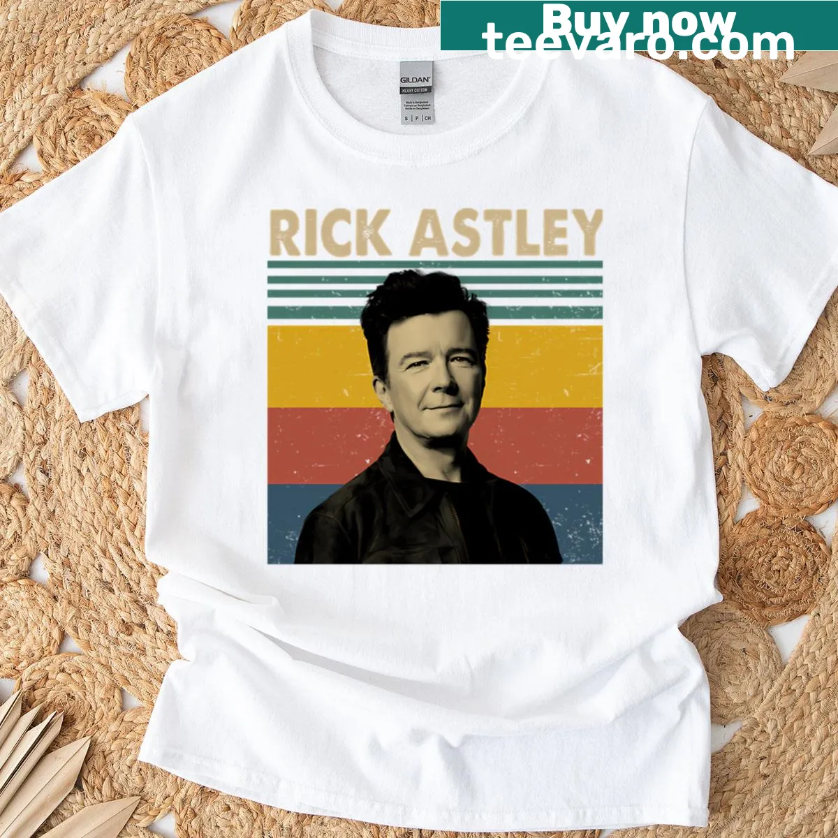 Illustrated Rick Astley t-shirt featuring iconic music elements — on a men's t-shirt