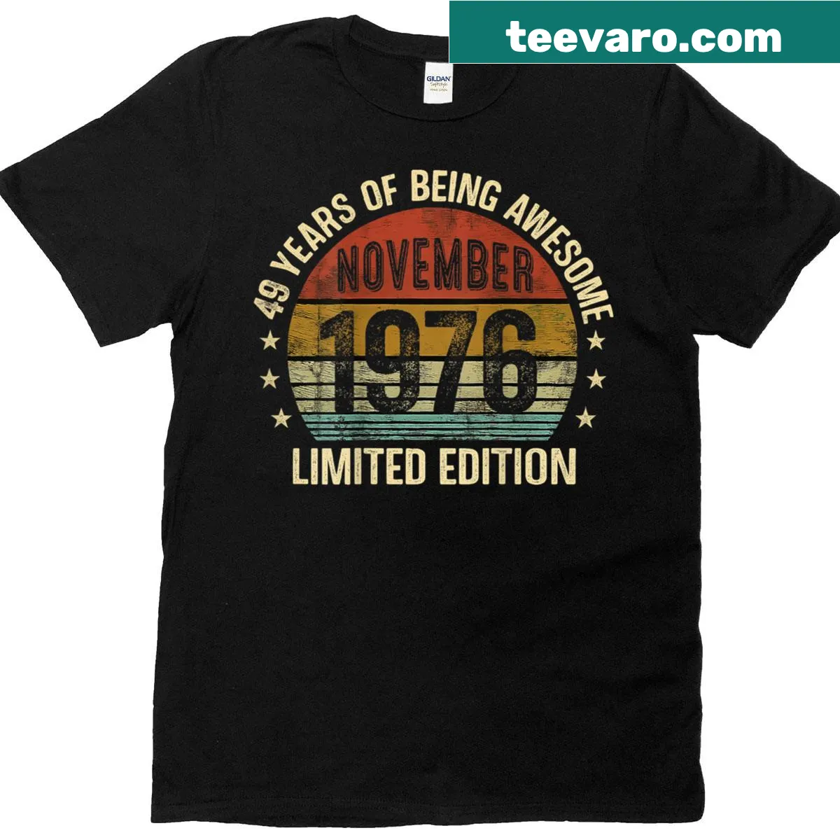 Vintage 49th birthday T-shirt for November 1976 — on a men's t-shirt