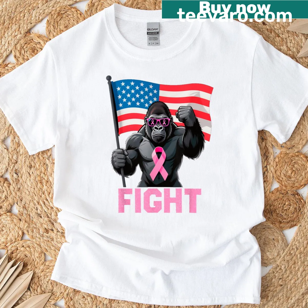 Bigfoot illustration with a pink ribbon for breast cancer awareness — on a men's t-shirt