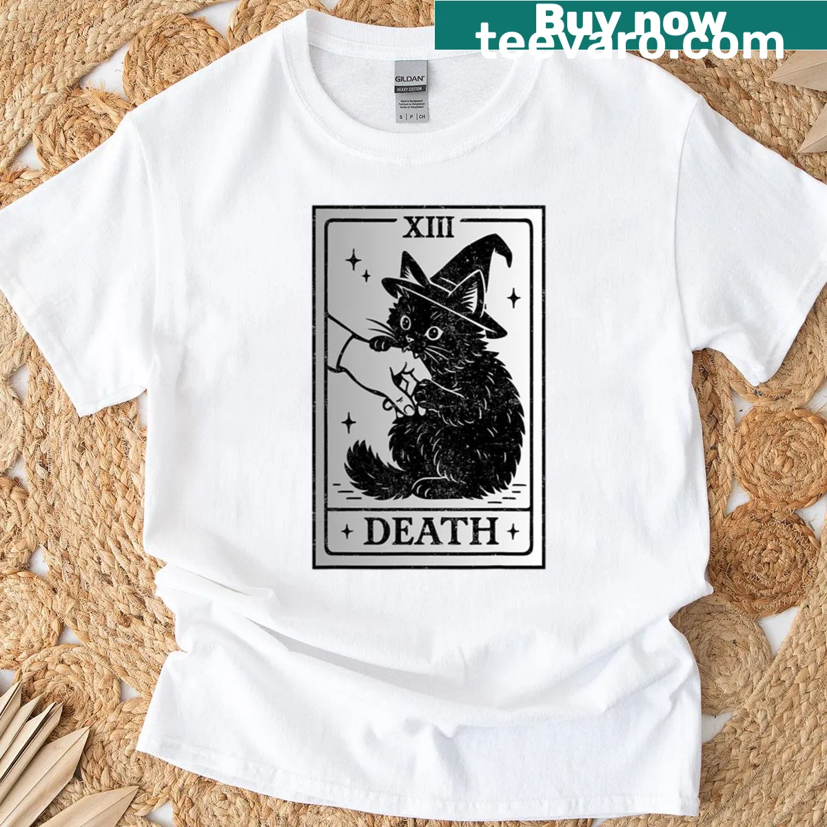 Black cat and death tarot card graphic on t-shirt — on a men's t-shirt