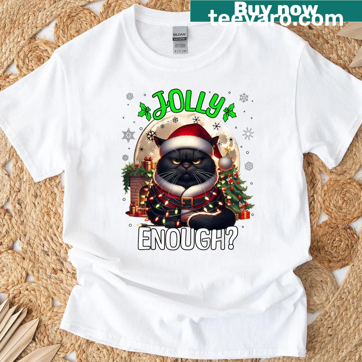 Cartoon black cat in festive attire for Christmas t-shirt — on a men's t-shirt