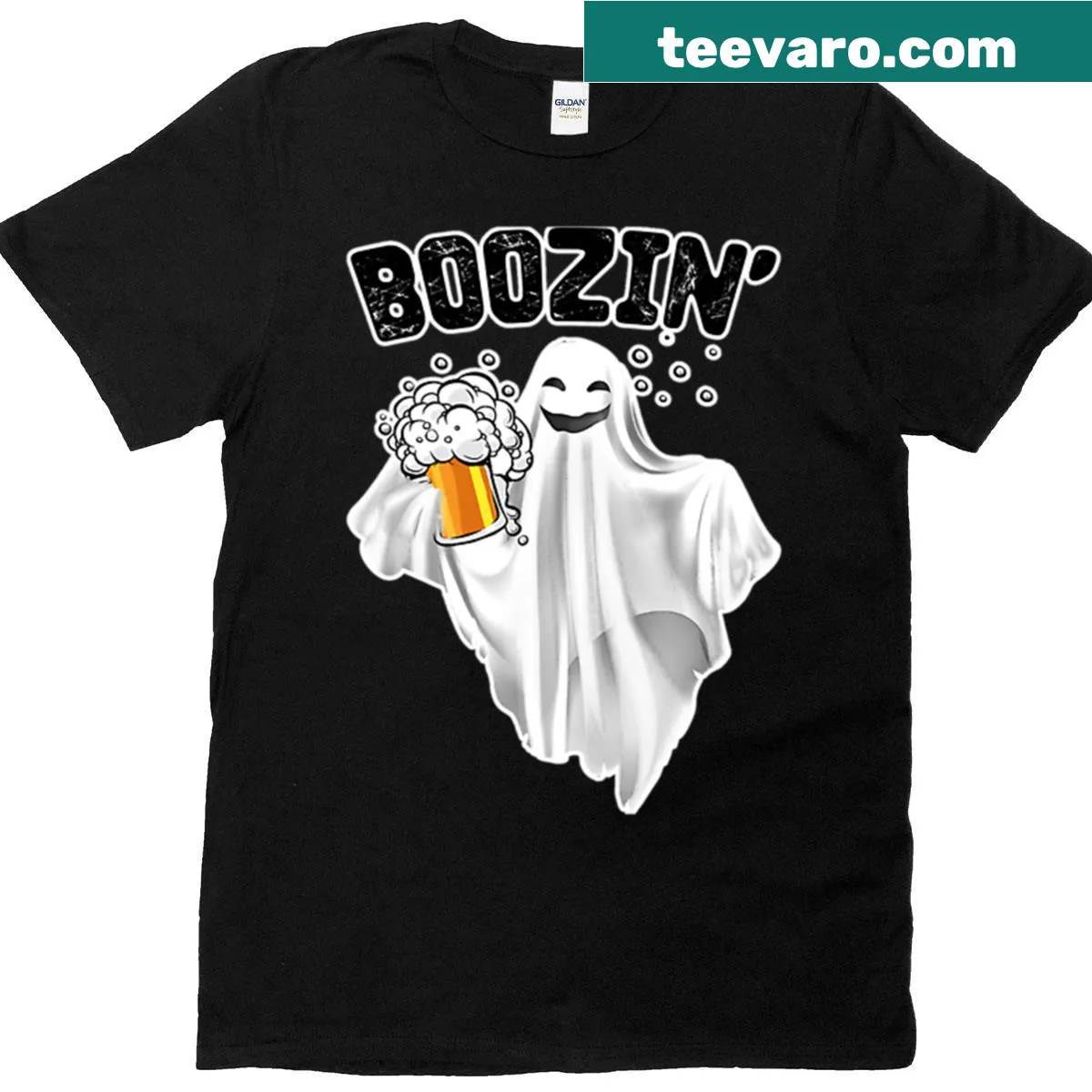 Cartoon t-shirt featuring a ghost with beer illustration — on a men's t-shirt