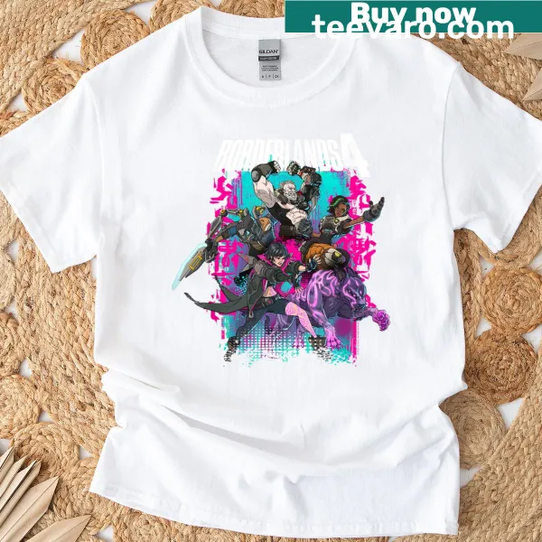 Borderlands 4 t-shirt with colorful heroes collage