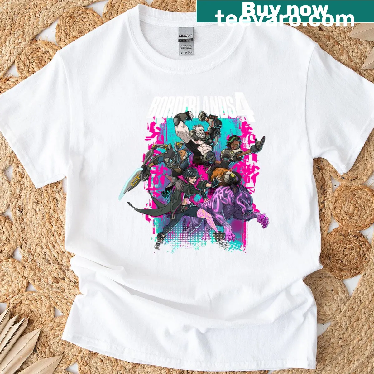 Borderlands 4 t-shirt with colorful heroes collage — on a men's t-shirt