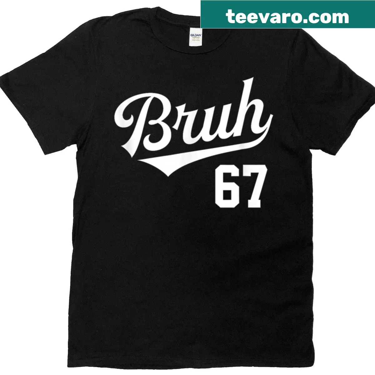 Baseball style T-shirt with 'Bruh' and number 67 design — on a men's t-shirt