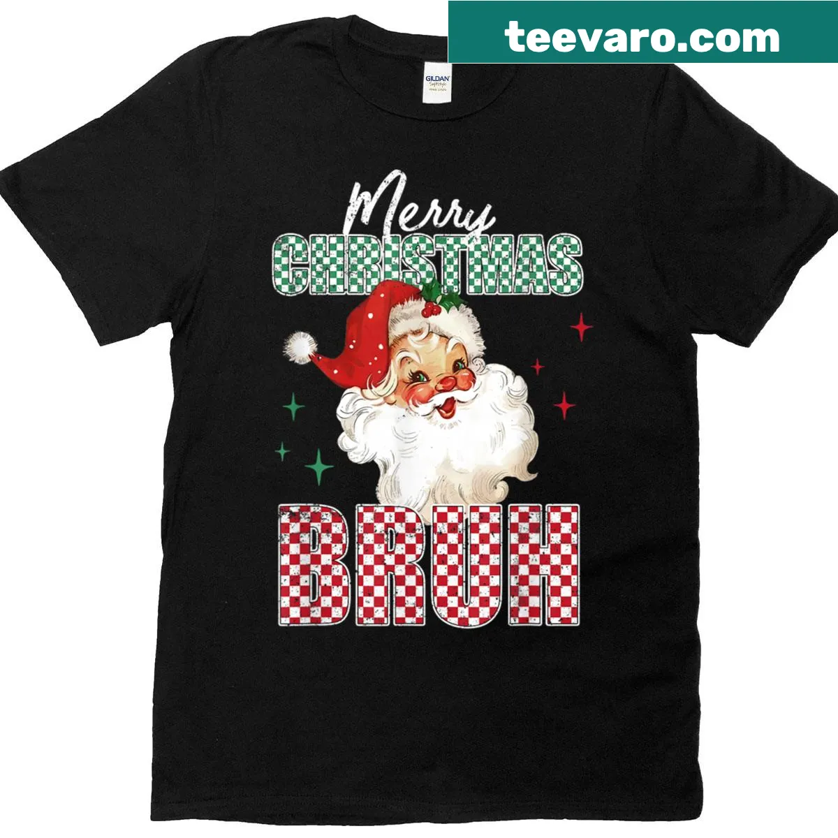 Funny Christmas design with 'Bruh' text in red plaid style — on a men's t-shirt