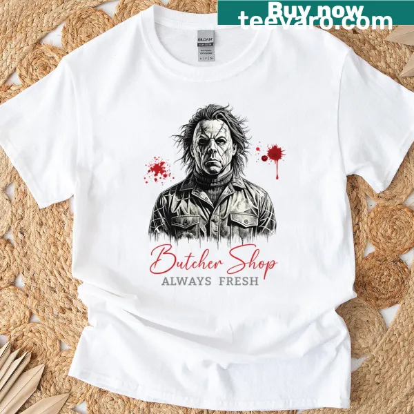 Horror-themed graphic design of a butcher shop on a T-shirt.