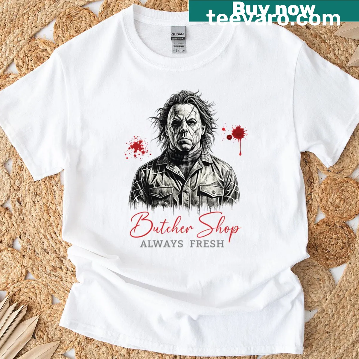 Horror-themed graphic design of a butcher shop on a T-shirt. — on a men's t-shirt