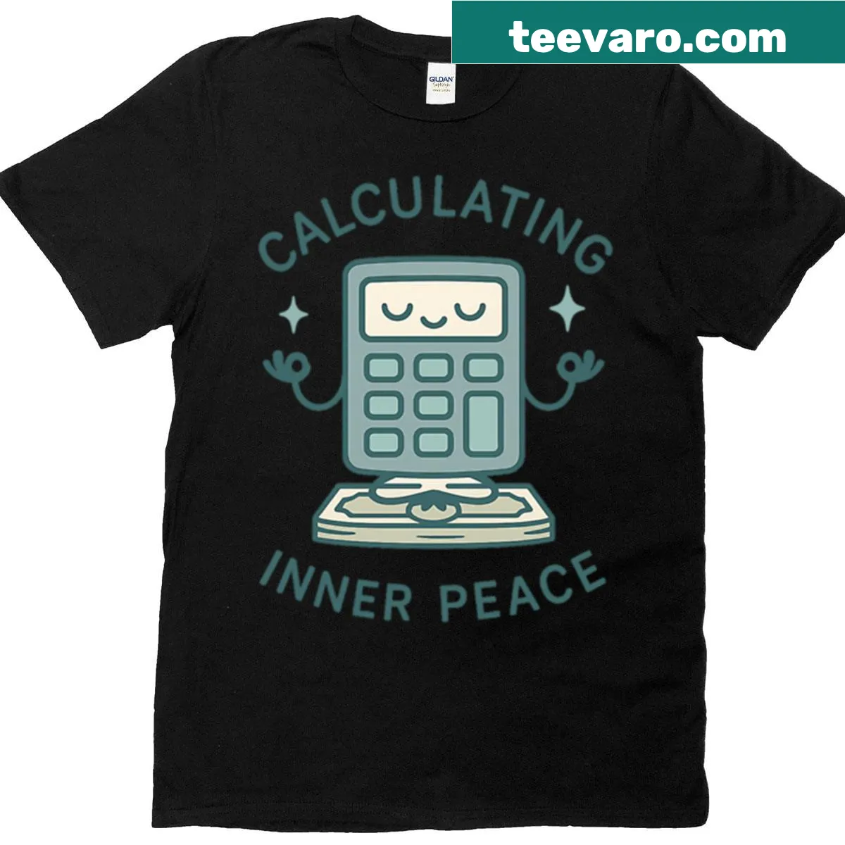 Calculator graphic with meditation theme on T-shirt. — on a men's t-shirt