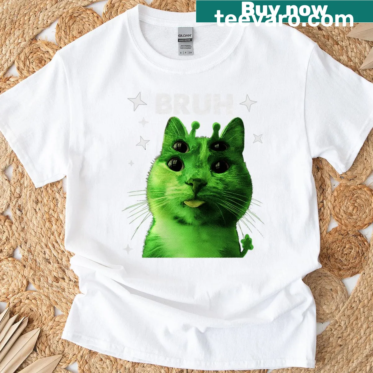 Funny cat alien graphic T-shirt with UFO design and meme theme — on a men's t-shirt