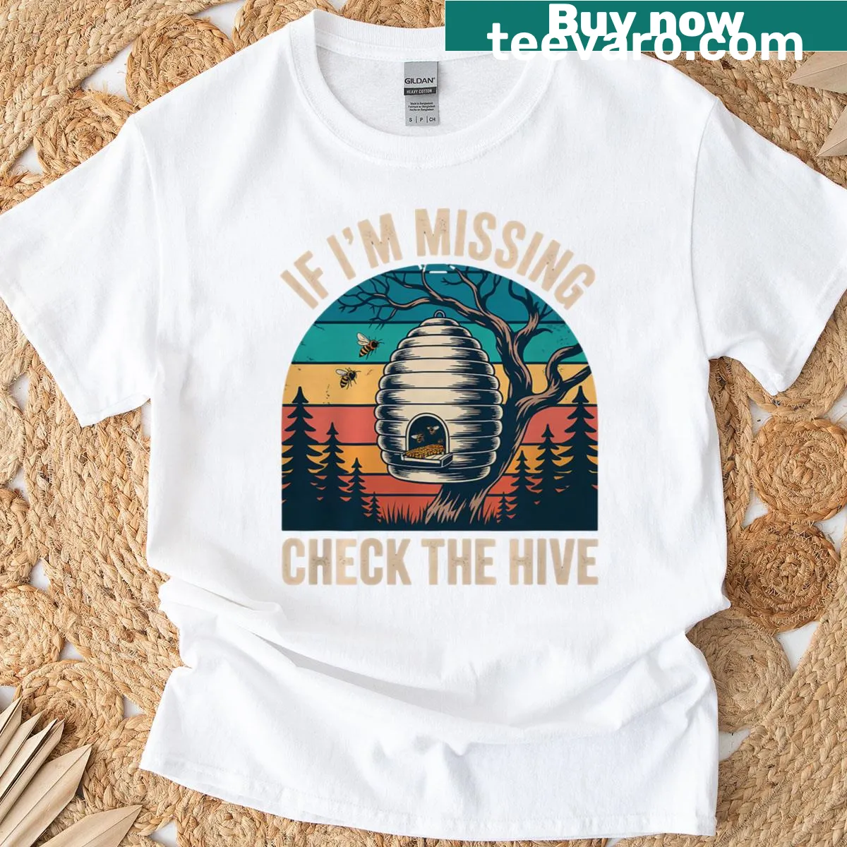 Beekeeper t-shirt with a badge-style design featuring honeybees — on a men's t-shirt