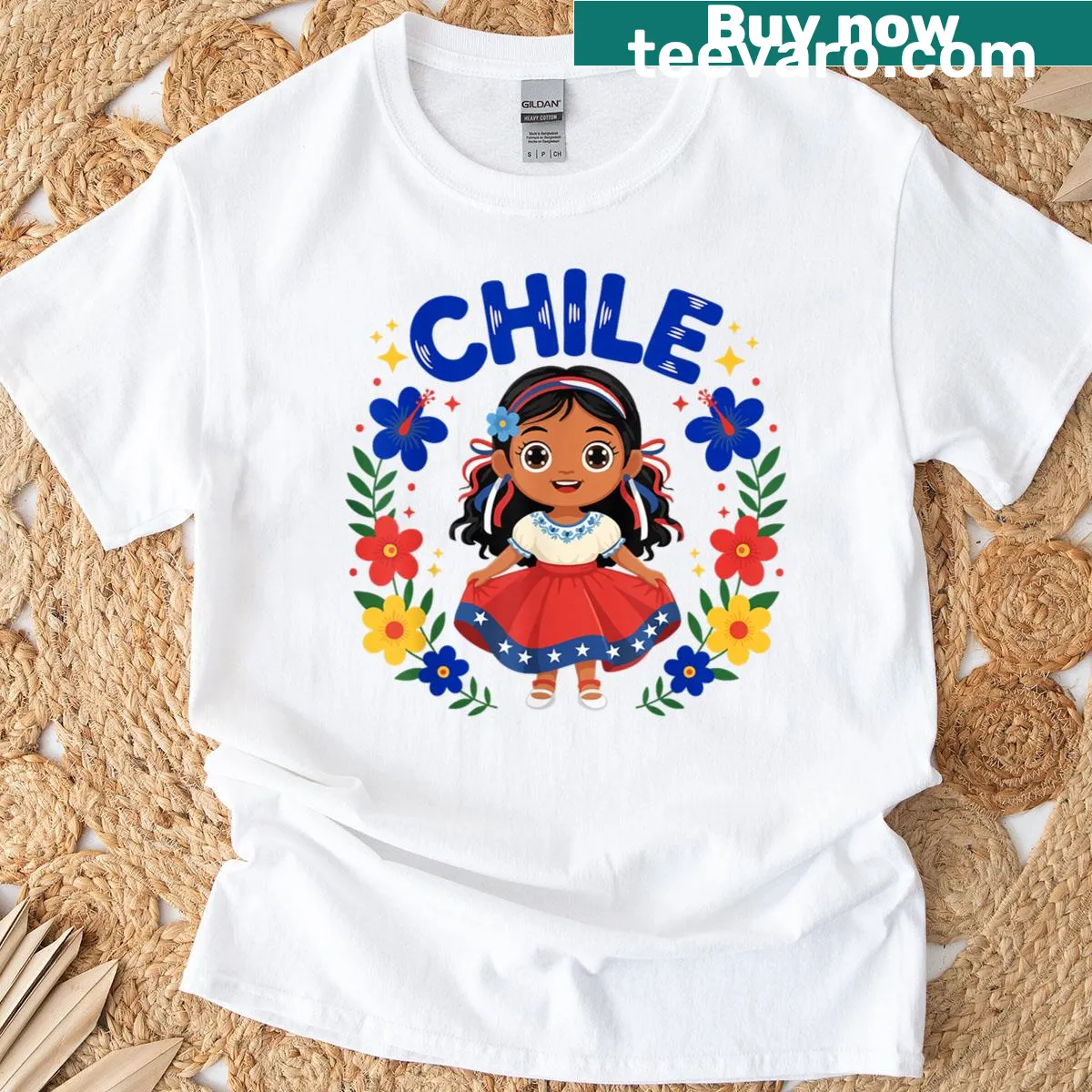 T-shirt featuring a girl in traditional Chilean dress with flowers — on a men's t-shirt