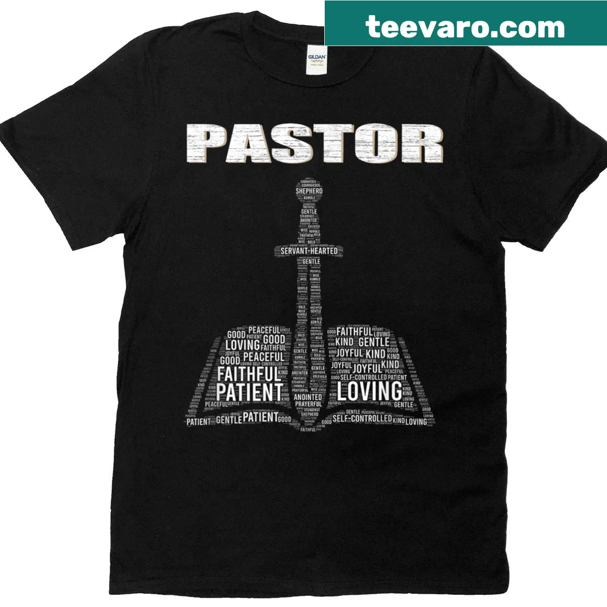 T-shirt featuring a word cloud celebrating the role of a pastor. — on a men's t-shirt