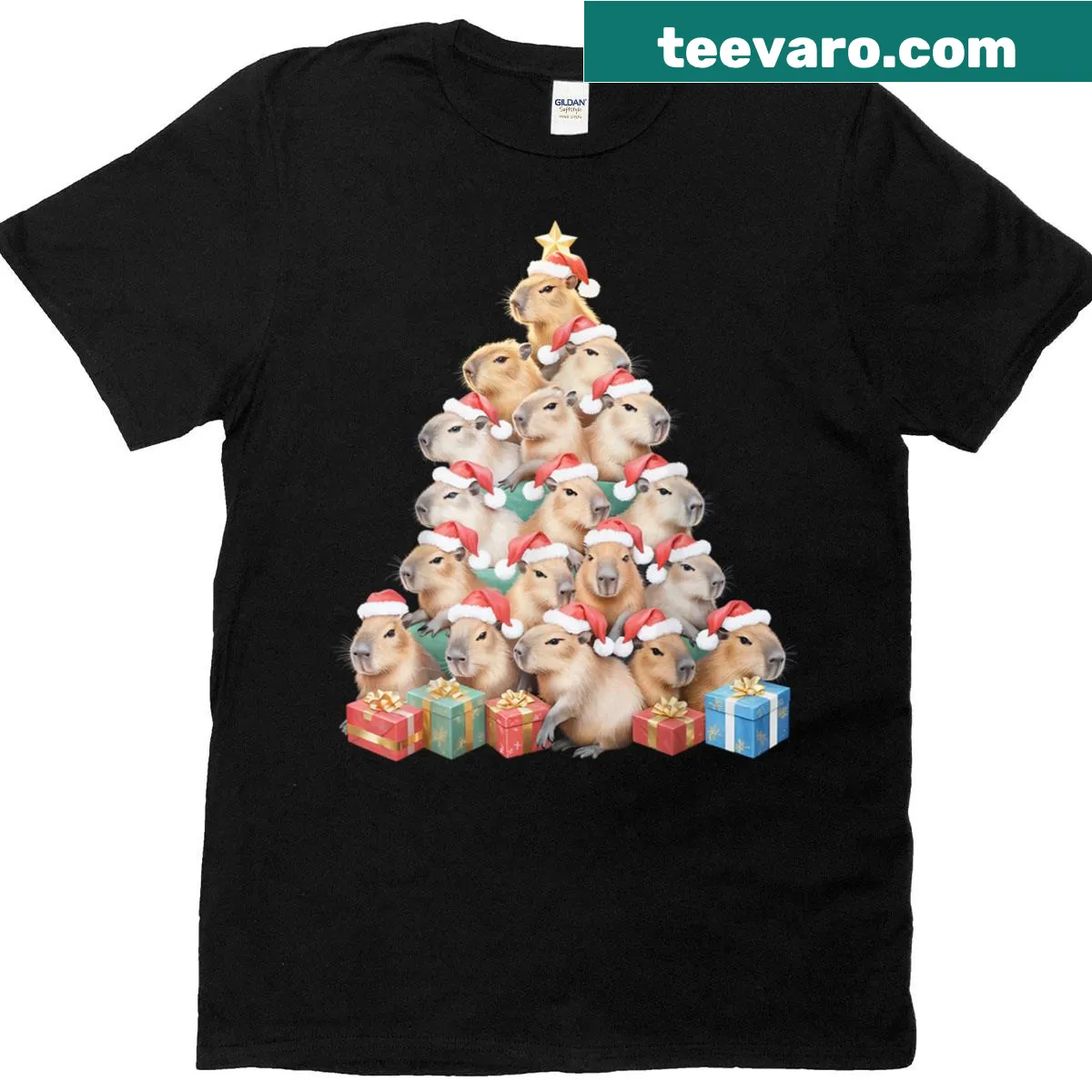 Cute capybara Christmas t-shirt with a tree design — on a men's t-shirt
