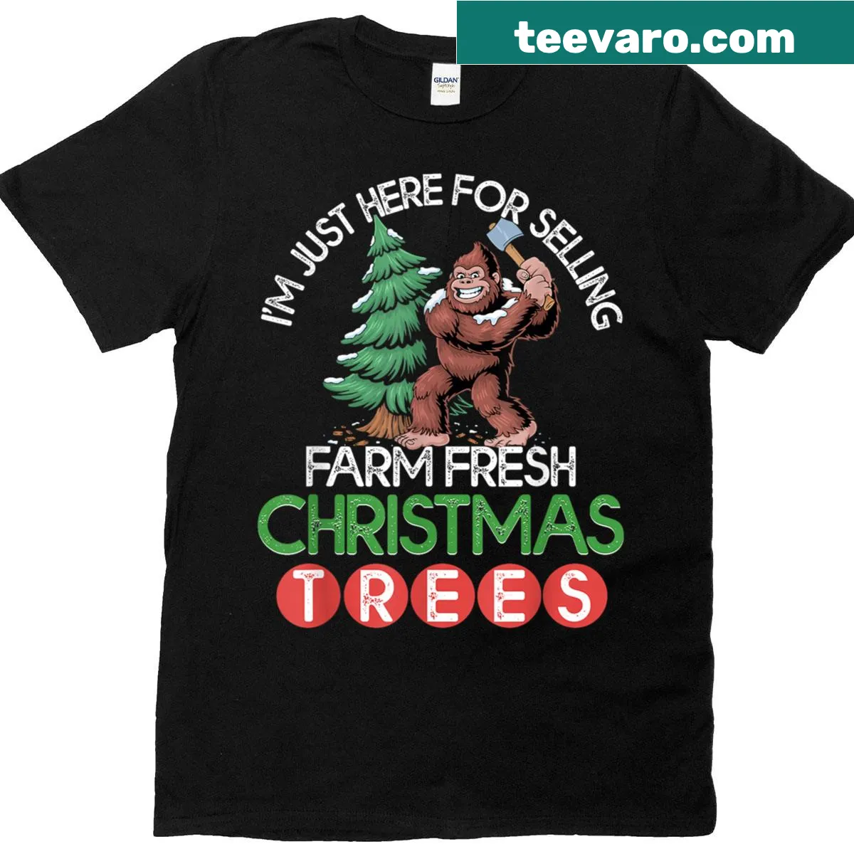 Christmas tree farming themed t-shirt with farm design — on a men's t-shirt