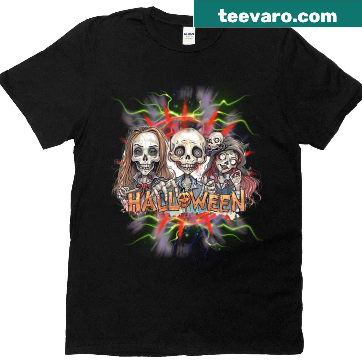 Creepy skeleton trio graphic for Halloween-themed T-shirt — on a men's t-shirt