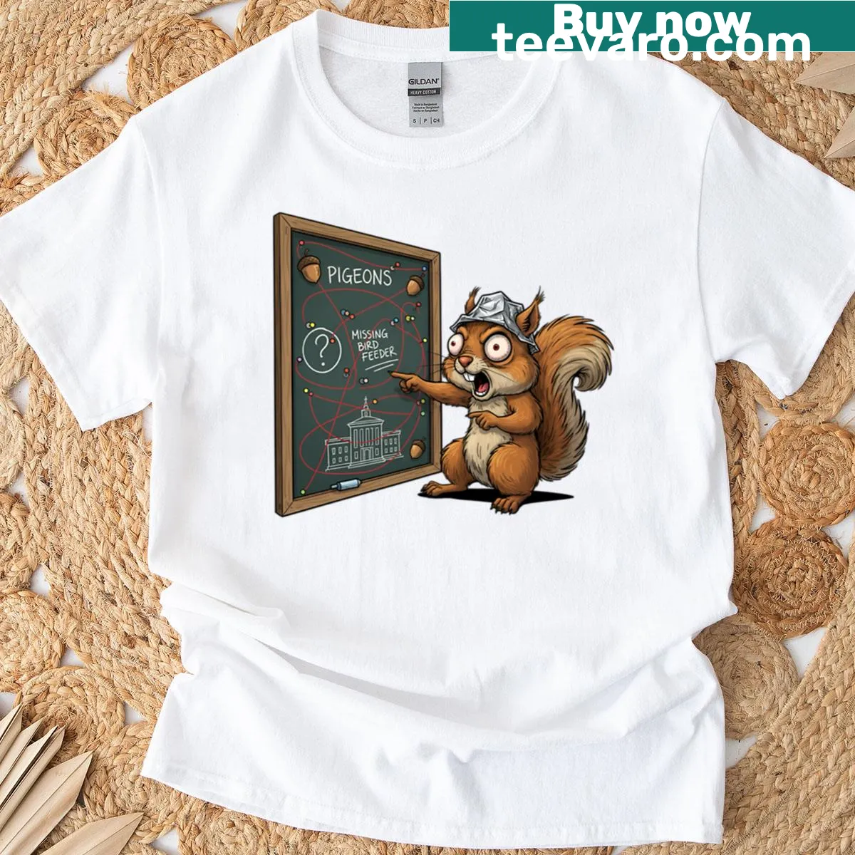Cartoon squirrel wearing a tinfoil hat on a funny t-shirt — on a men's t-shirt
