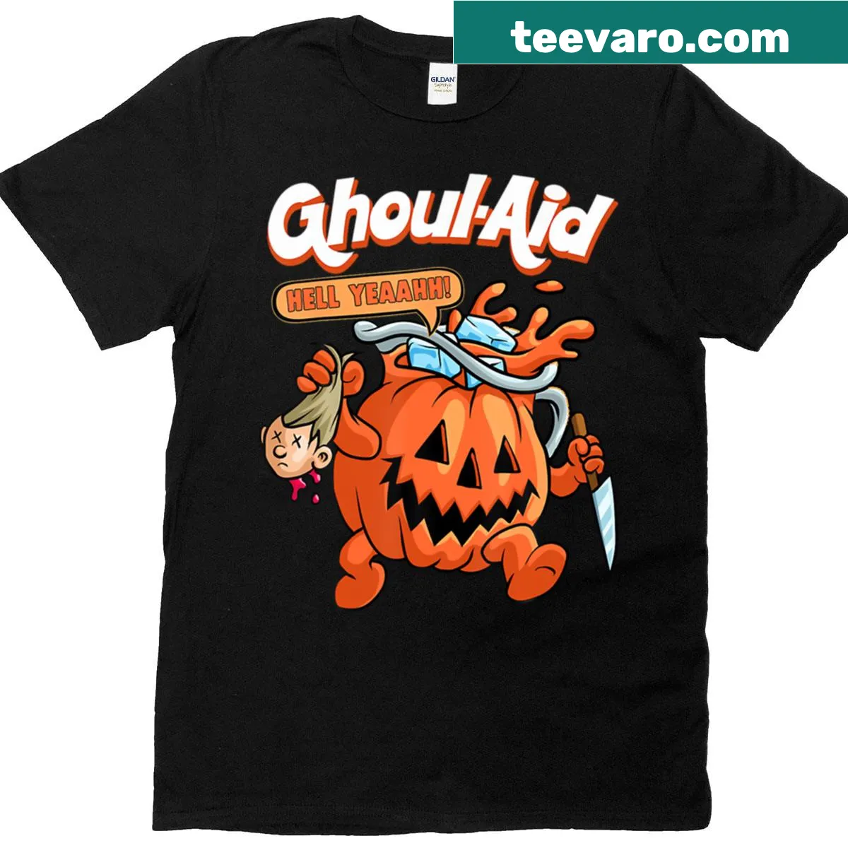 Funny ghoul drinking pumpkin with humor for Halloween — on a men's t-shirt