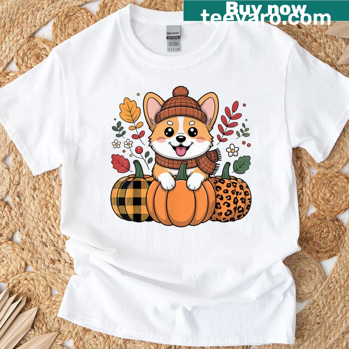 Thanksgiving-themed T-shirt with a cute corgi illustration. — on a men's t-shirt
