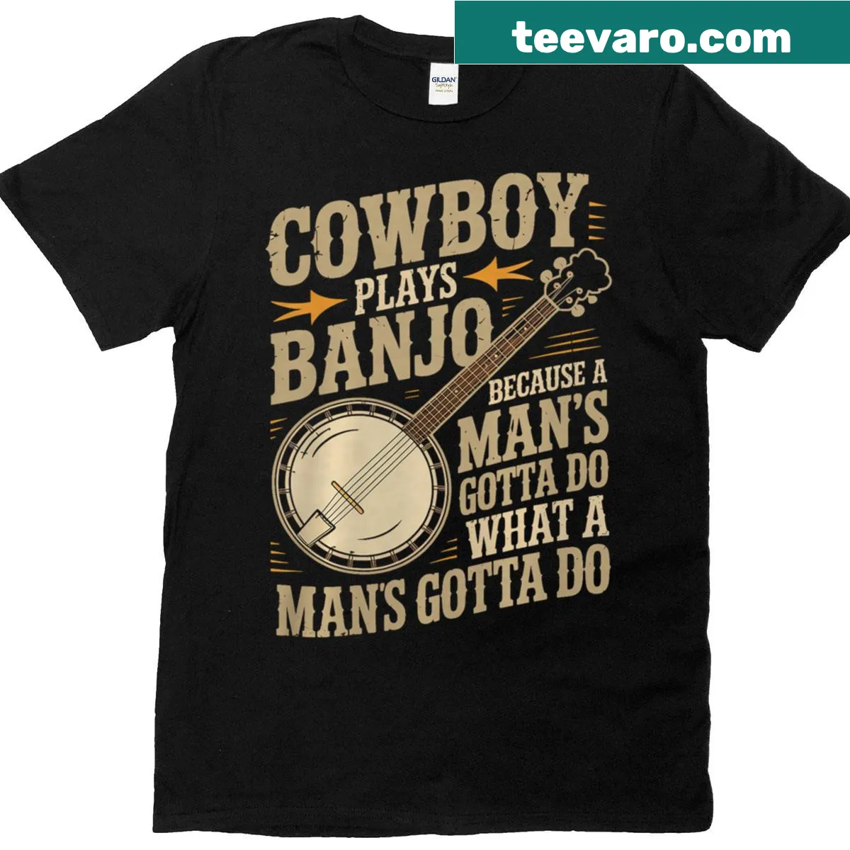 Vintage graphic of a cowboy playing banjo on a T-shirt — on a men's t-shirt
