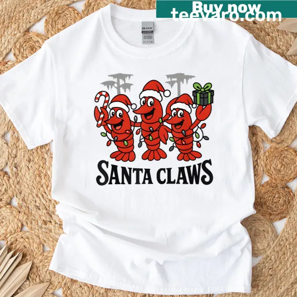 Funny Crawfish Santa Claws illustration on a Christmas T-shirt
