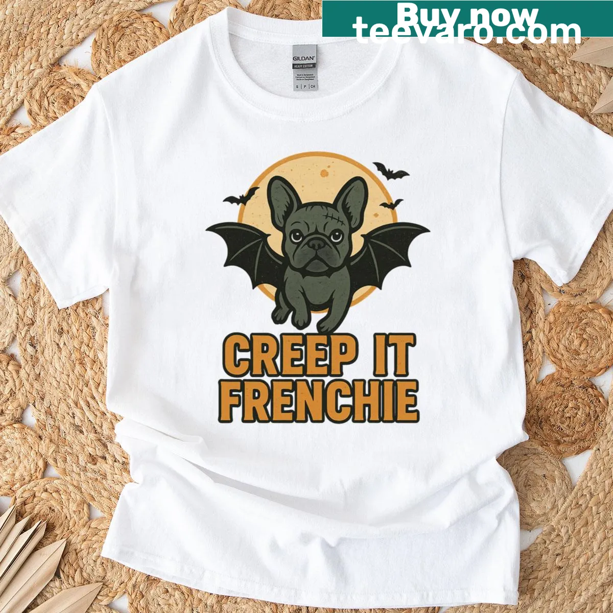 Cute French Bulldog bat illustration on a Halloween T-shirt — on a men's t-shirt