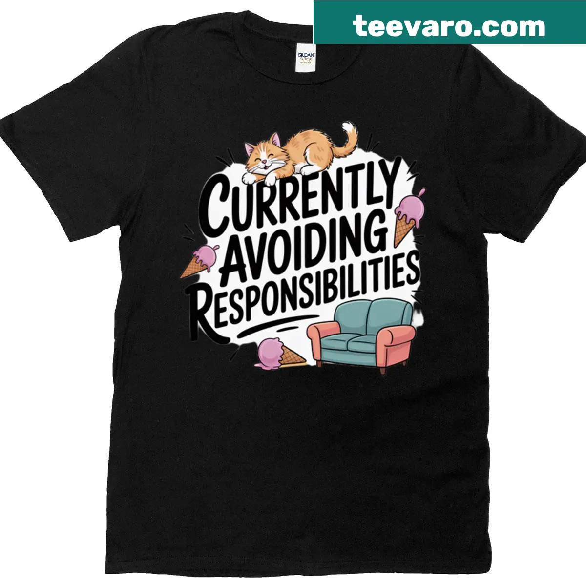 Oversized t-shirt featuring a lazy cat and a humorous phrase. — on a men's t-shirt