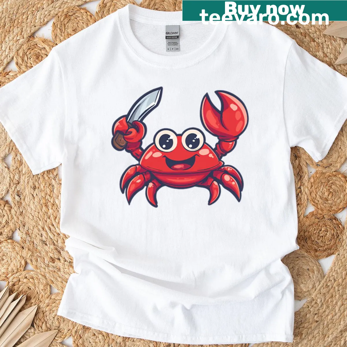 Cute cartoon crab holding a knife on a t-shirt — on a men's t-shirt