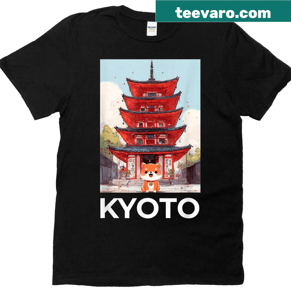 Illustration of a cat sightseeing in Kyoto on a t-shirt — on a men's t-shirt