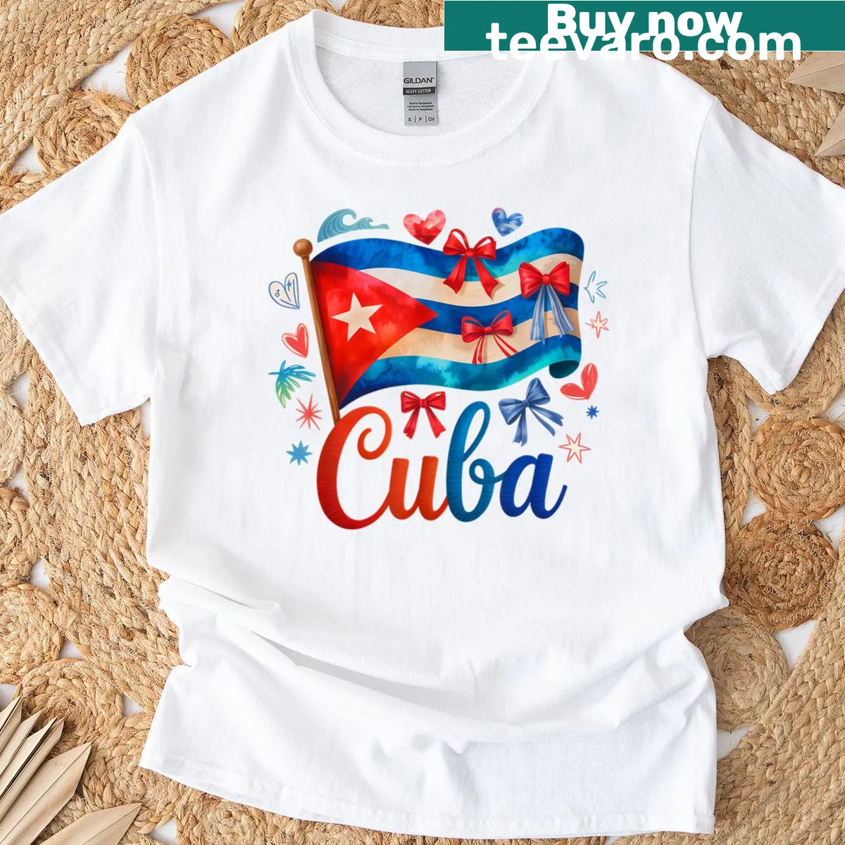 Cute bow design over Cuban flag on women's t-shirt. — on a men's t-shirt