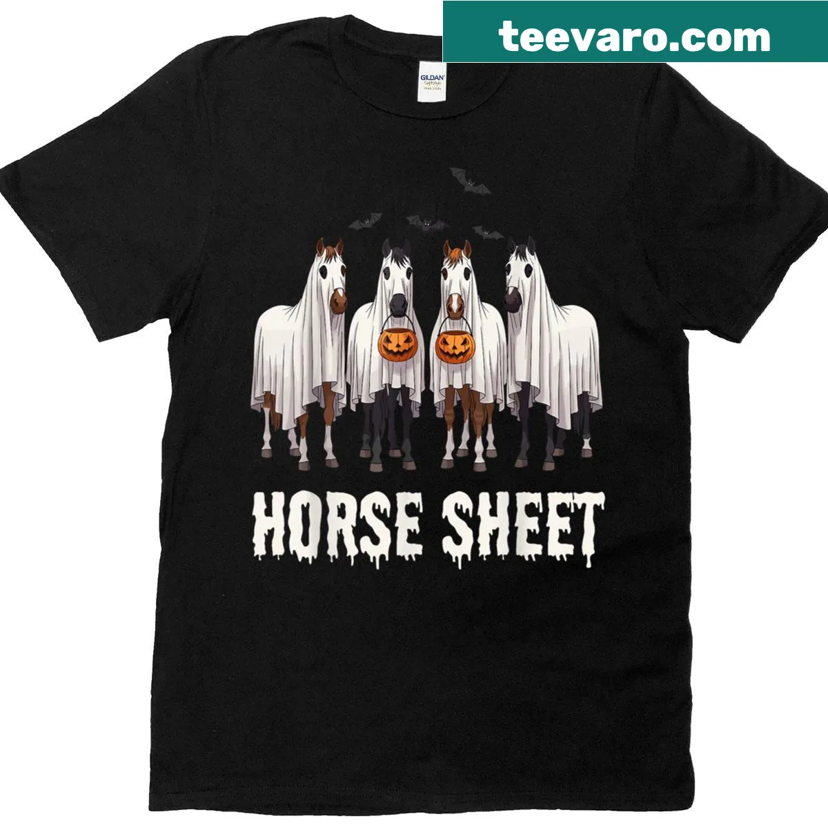 Graphic of a happy horse in a ghost sheet for Halloween — on a men's t-shirt