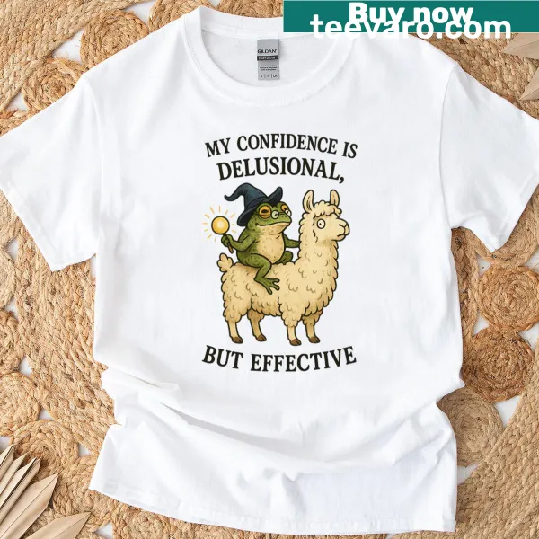 Oversized T-shirt with humorous wizard frog riding llama graphic