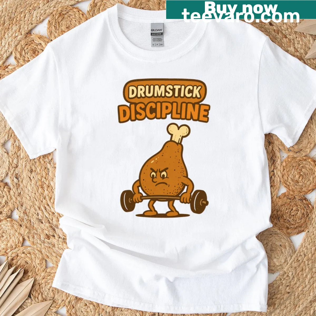 Cartoon fitness design with 'Drumstick Discipline' text on a gym t-shirt — on a men's t-shirt