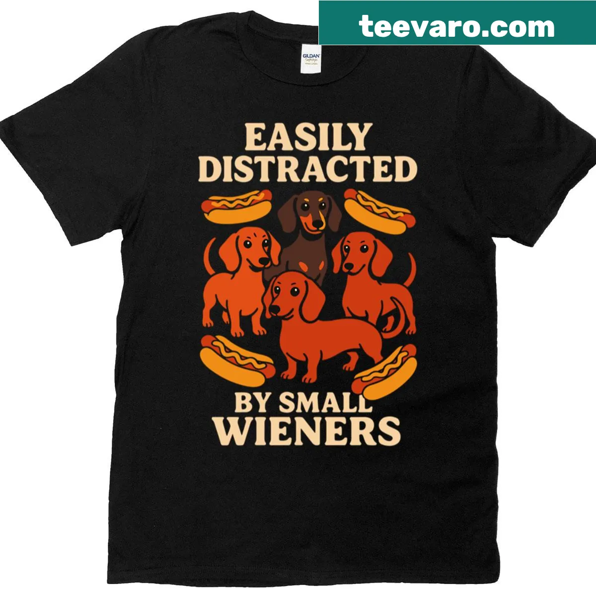 Dachshund humor t-shirt with a playful phrase about small wieners — on a men's t-shirt