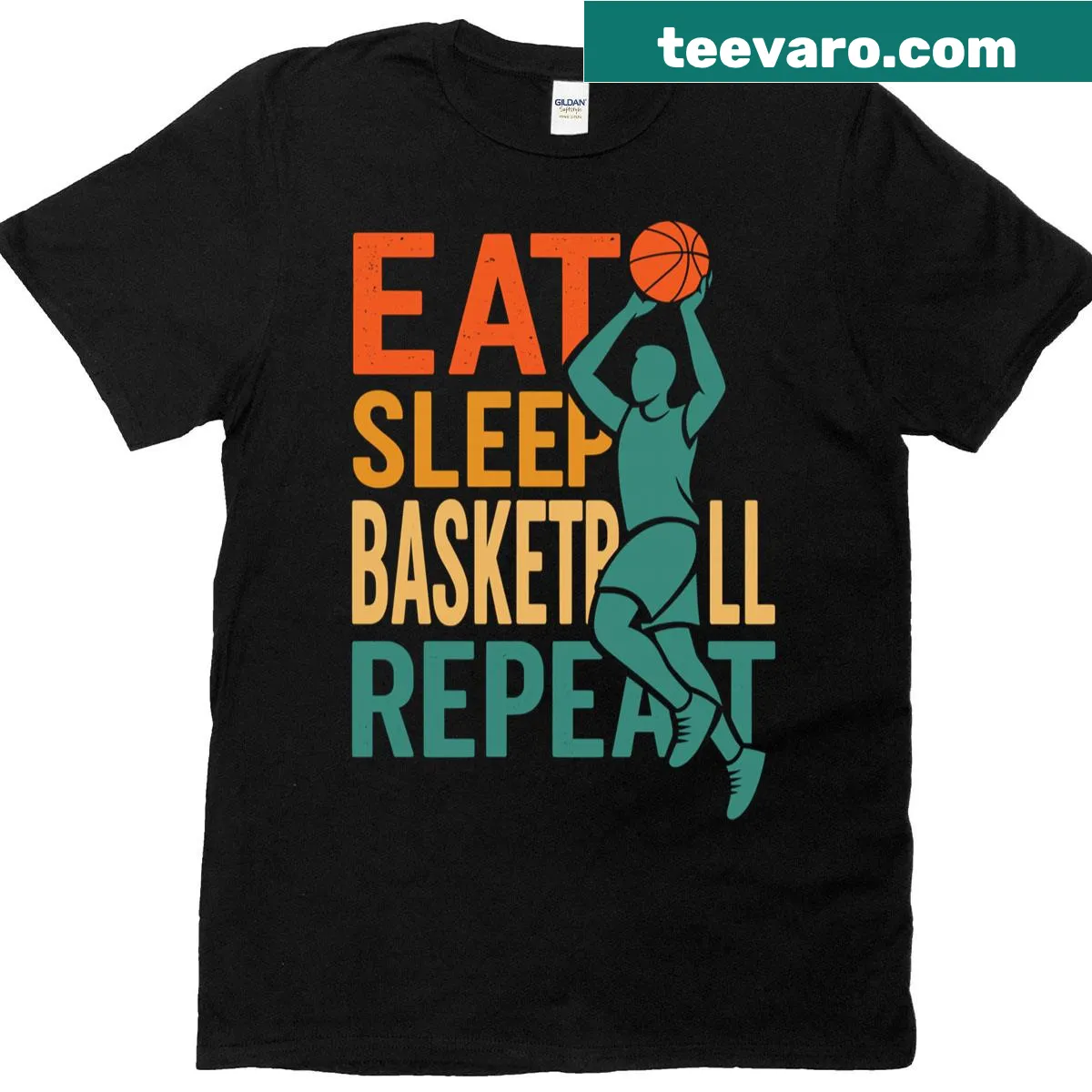 Text graphic reading "Eat Sleep Basketball Repeat" — on a men's t-shirt