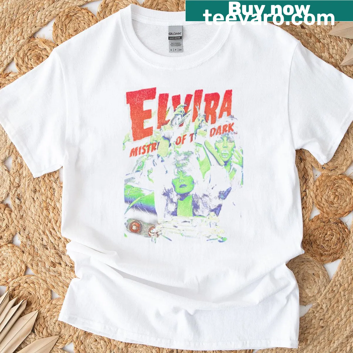 T-shirt featuring Elvira, Mistress of the Dark from 80s horror — on a men's t-shirt