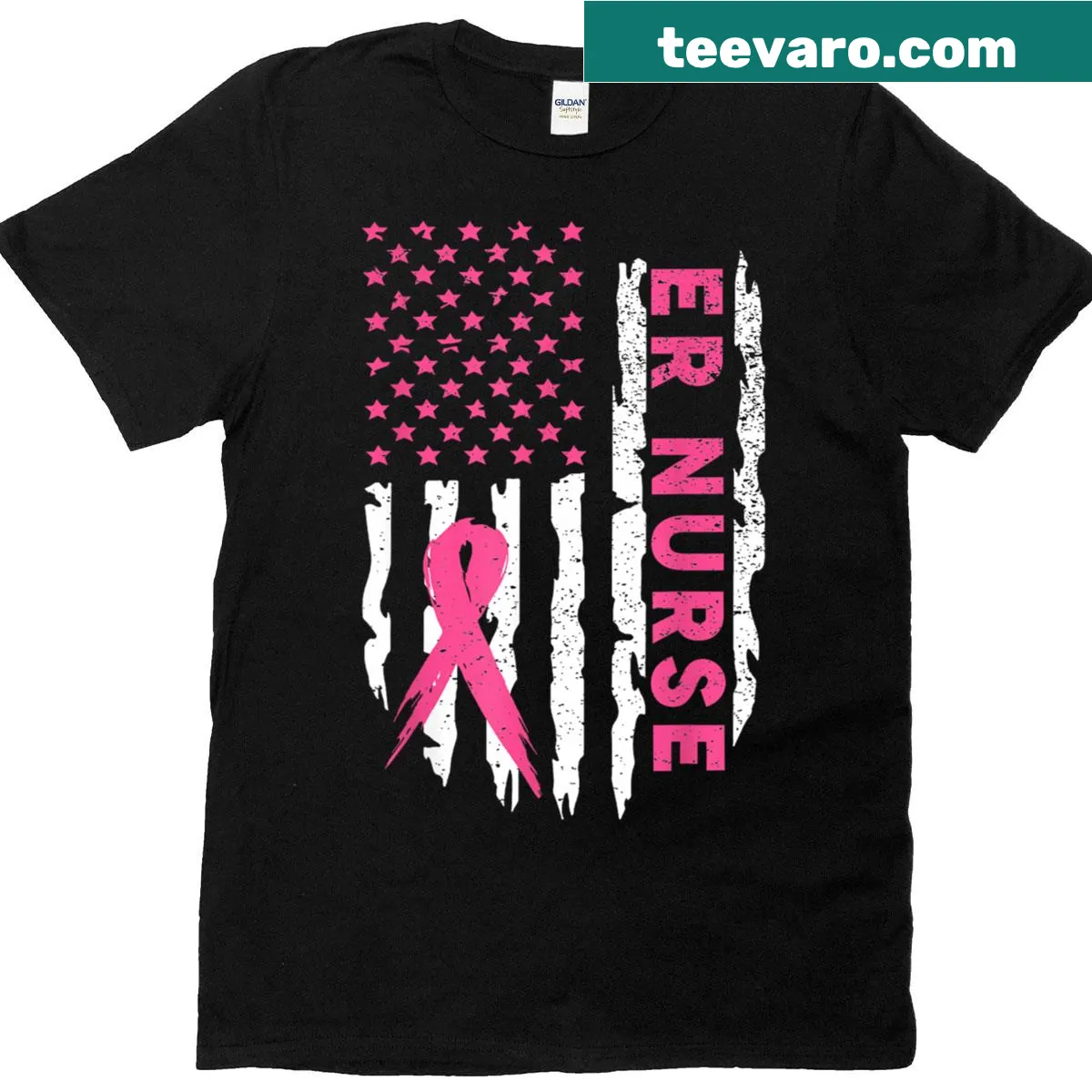 Nurse t-shirt with American flag and breast cancer awareness graphic — on a men's t-shirt