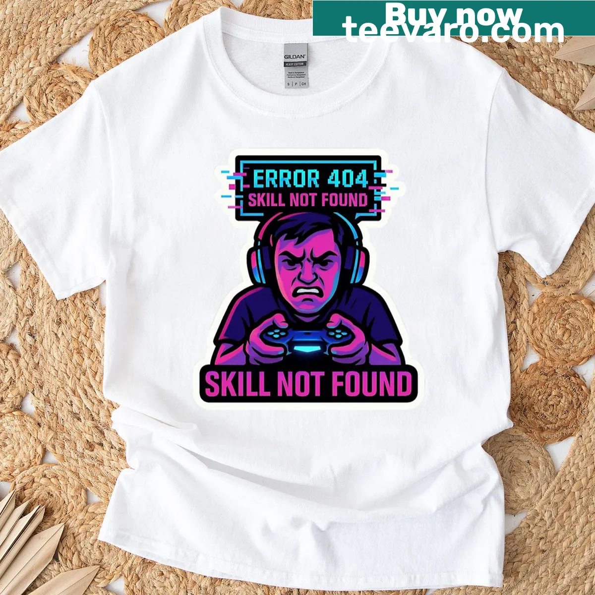 Funny gamer t-shirt with Error 404 Skill Not Found graphic — on a men's t-shirt