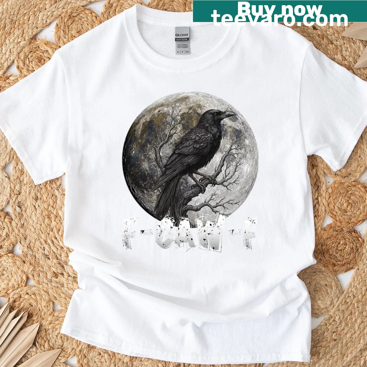 Gothic T-shirt featuring a funny black bird and moon design — on a men's t-shirt