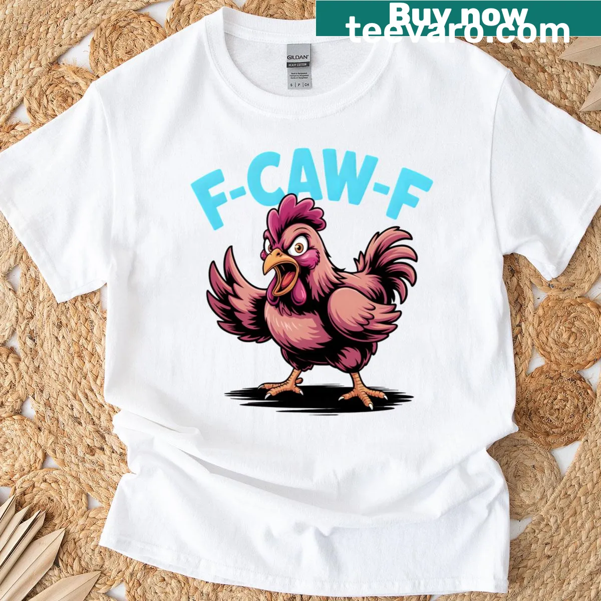 Cartoon rooster with humorous 'F-caw-f' text — on a men's t-shirt