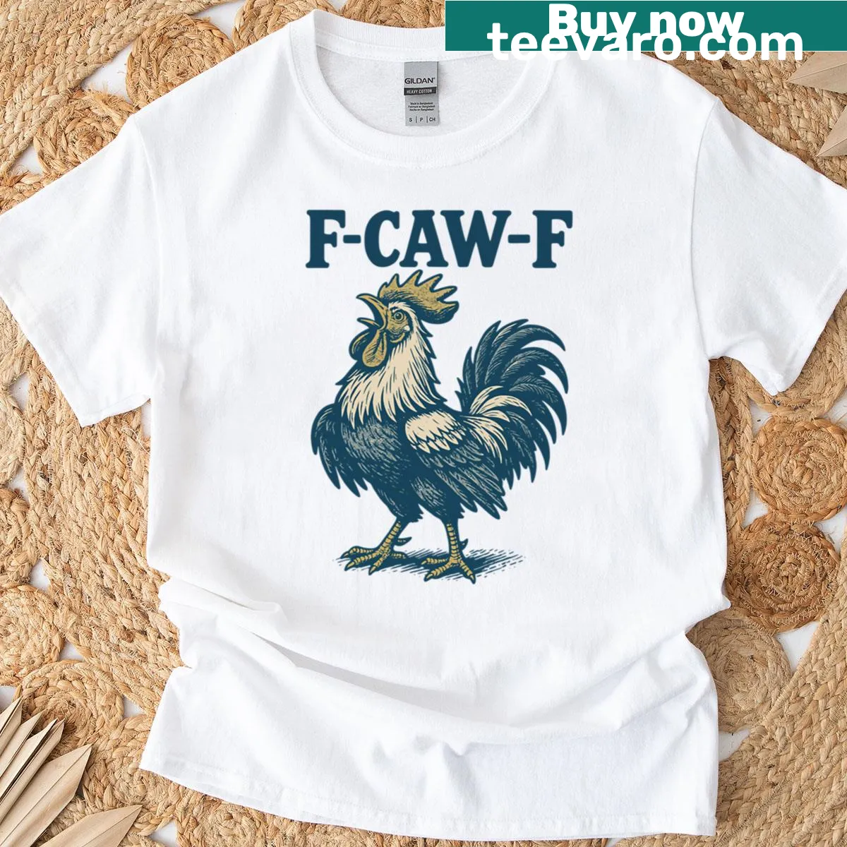 Oversized t-shirt with humorous rooster meme text — on a men's t-shirt