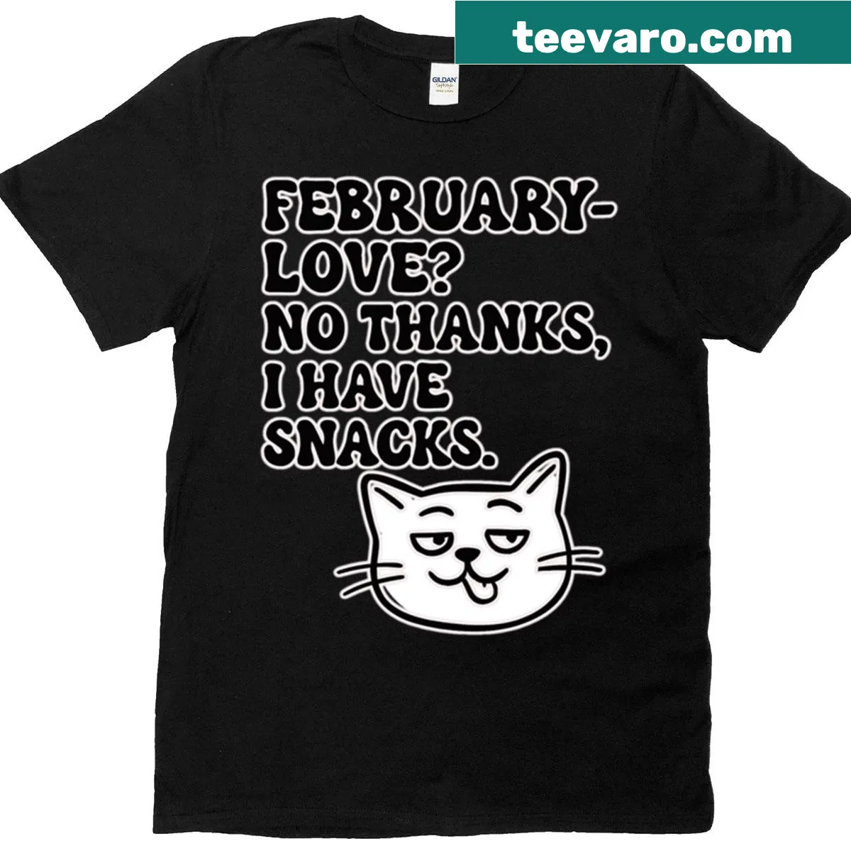 Retro line art cat design with text about snacks — on a men's t-shirt
