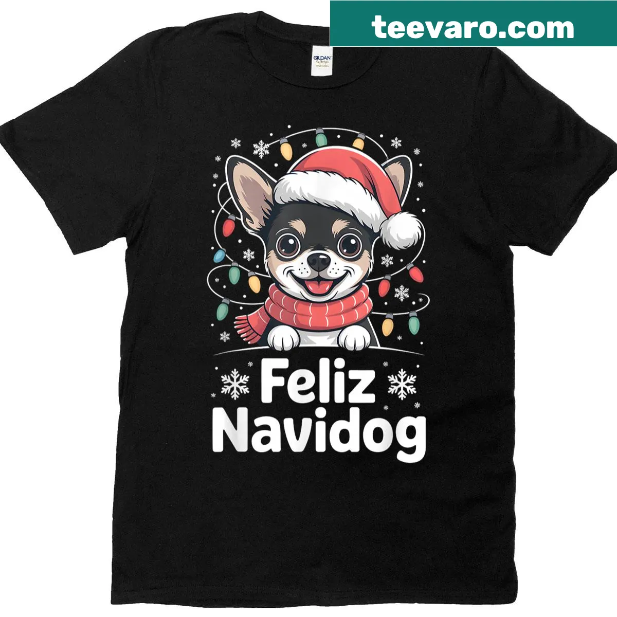 Cute Christmas T-shirt with Feliz Navidog and Chihuahua graphic — on a men's t-shirt