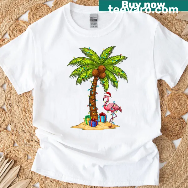 Flamingo in Santa hat with palm trees on a T-shirt