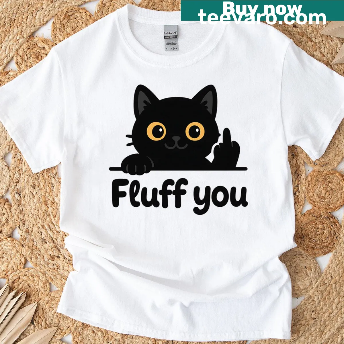 Funny cat graphic t-shirt with Fluff You joke — on a men's t-shirt