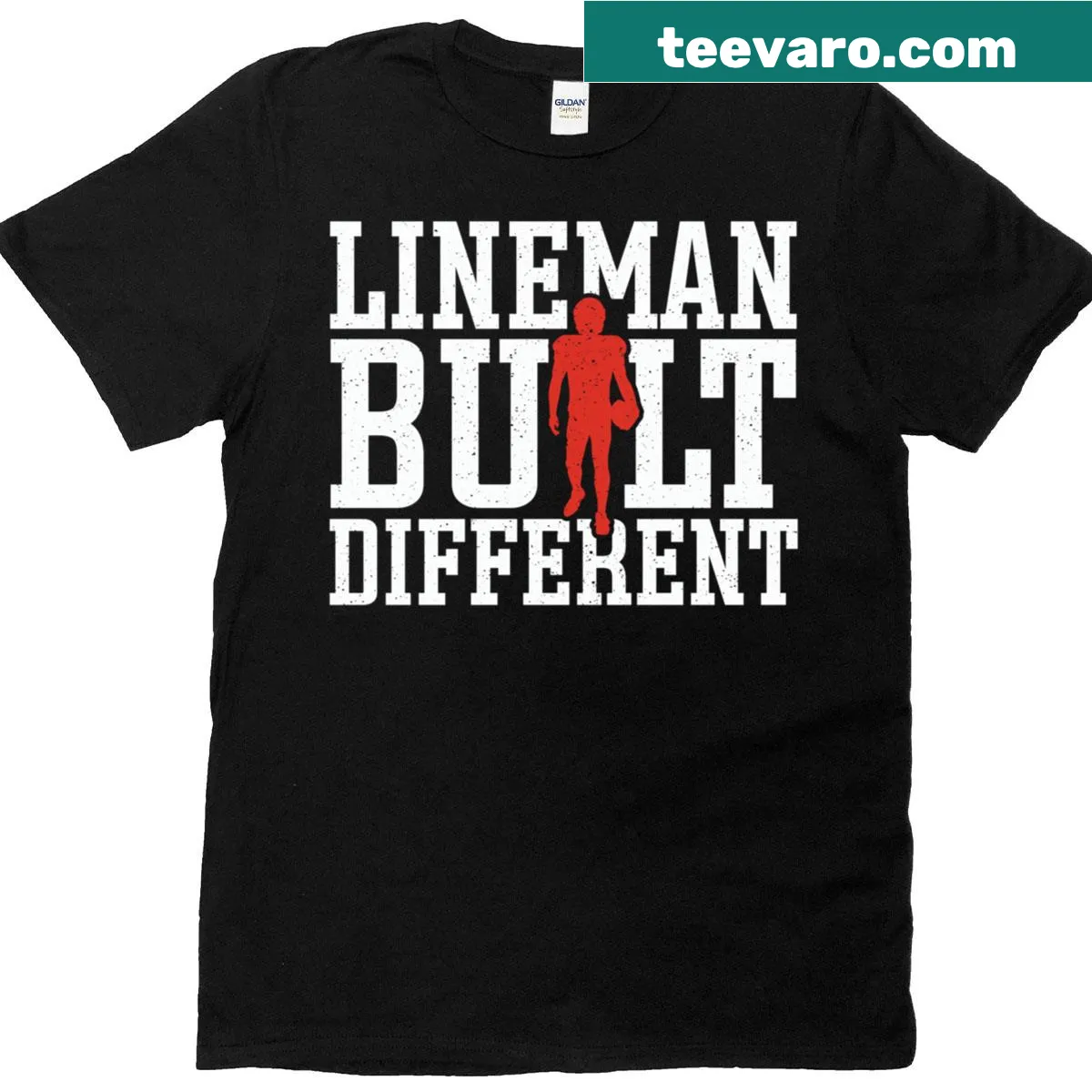 T-shirt with 'Football Lineman Built Different' graphic for sports fans — on a men's t-shirt
