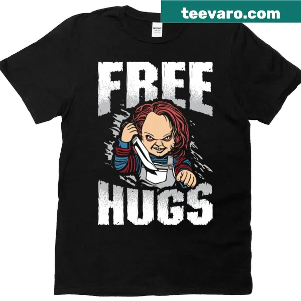 Funny horror movie T-shirt with 'Free Hugs' graphic