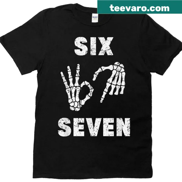Skeleton hand design with '67 Six Seven' text for Halloween.
