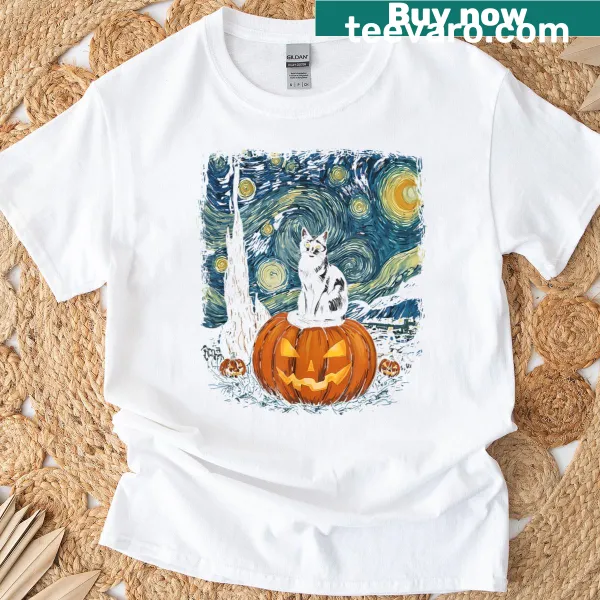 Artistic Halloween shirt featuring a black cat and pumpkin